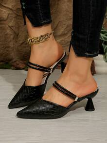 Fashionable & Versatile Black Stone Texture High Heel Pointed Toe Mules, Suitable For Spring & Summer - Black - View 7