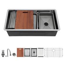 Fregadero de cocina de acero inoxidable calibre 16 de unón con tabla de cortar de 33*19 pulgadas, instalación bajo encimera, tipo cascada, del almacén de EE. UU. - Níquel cepillado - Ver 3