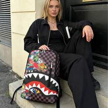 鲨鱼嘴图案背包，大容量多功能背包，男女通用，户外便捷笔记本电脑包，通勤、上学、旅行背包，圣诞礼物、感恩节礼物、生日礼物，送给儿子或女儿的最佳礼物 - 棕色 - 查看 5