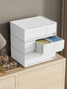 1pc 2/3 Drawer Desktop Storage Box, Plastic Organizer Box For Bathroom, Bedroom, Dorm, Makeup, Jewelry, Stackable - White - View 3