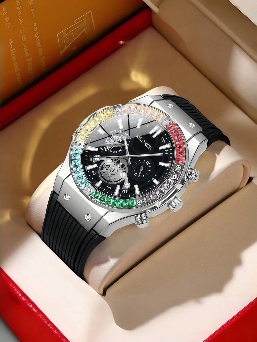 Reloj de hombre de marca MSCXDK, correa de silicona, esfera decorada con cristales, reloj deportivo militar casual (sin caja) - Plateado - Ver 1