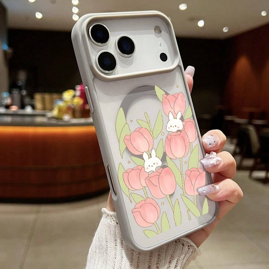 High-Quality Macaron Acrylic Magnetic Phone Case,Magical Pink Tulips with Adorable White Rabbits Magnetic Charging Phonecase Handy Case, Handy Cover For 11 12 13 14 15 16 17 17 Air 17 Pro 17 Pro Max Shock Resistant Protective Case - Gris - Ver 1