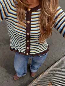 MORI Contrast Stripe Round Neck Metal Button Long Sleeve Knit Cardigan For Women, Spring/Summer New Arrival, Fashion Elegant Versatile Commuter Jacket, Daily Casual Ruffle Hem Carnival Top - Multicolor - View 4