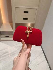 1pc Glitter Metallic Snakeskin Clutch Bag, Luxury Shiny Retro Gold Tone Mini Evening Purse, Fashionable, Charming, Exquisite, Elegant Women's Handbag, Suitable For Weddings, Themed Formal Parties, Galas, Birthday Parties, Comes With Chain - 紅色 - 查看 1