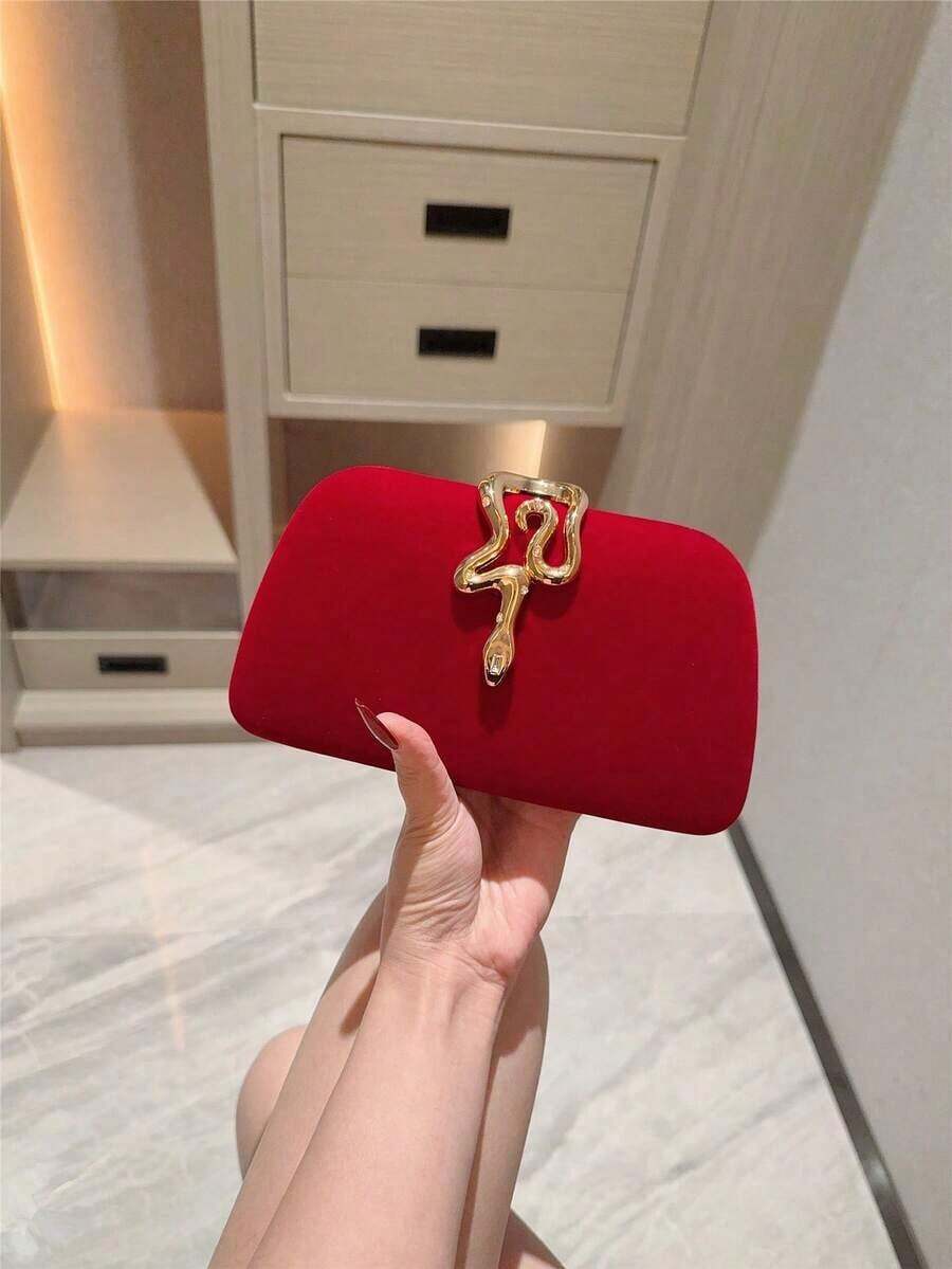 1pc Glitter Metallic Snakeskin Clutch Bag, Luxury Shiny Retro Gold Tone Mini Evening Purse, Fashionable, Charming, Exquisite, Elegant Women's Handbag, Suitable For Weddings, Themed Formal Parties, Galas, Birthday Parties, Comes With Chain - 紅色 - 查看 1