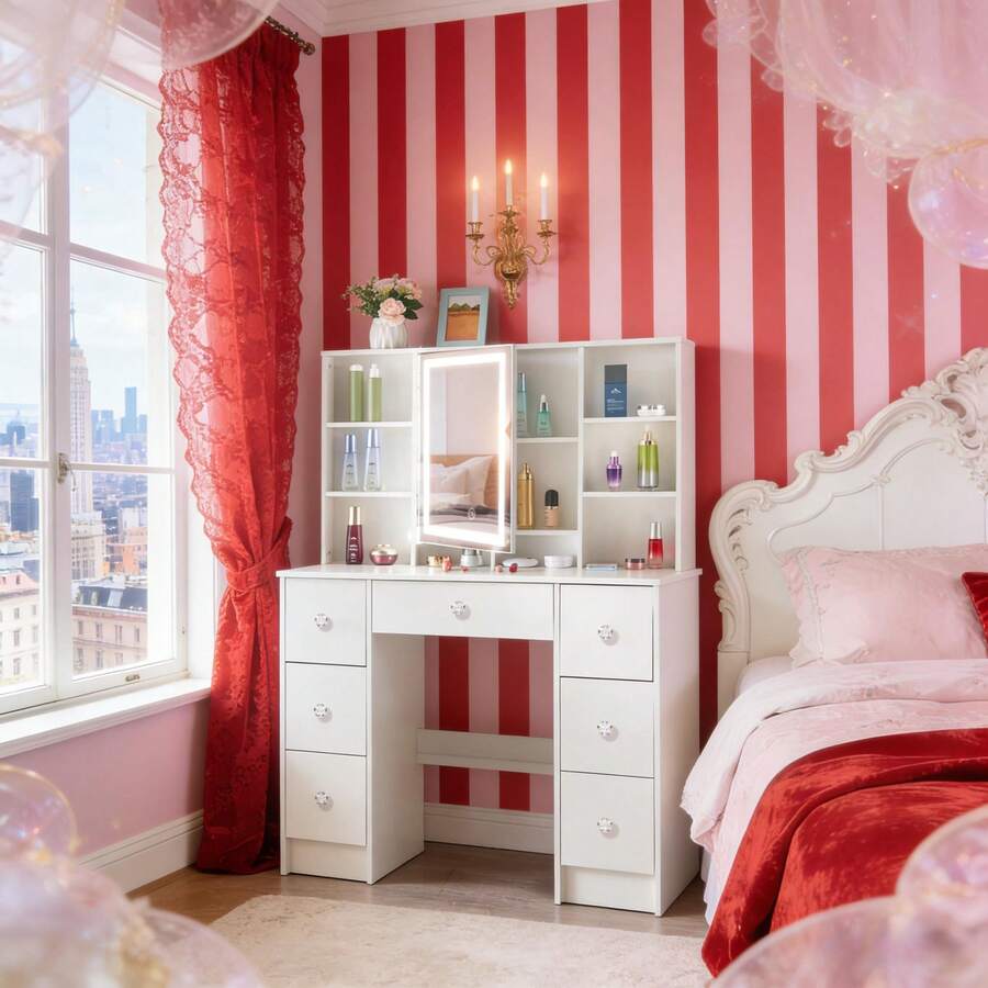 Large LED Lights Makeup Desk Mirror Dressing Dresser Table Dresser Vanity Set UK - White - View 1