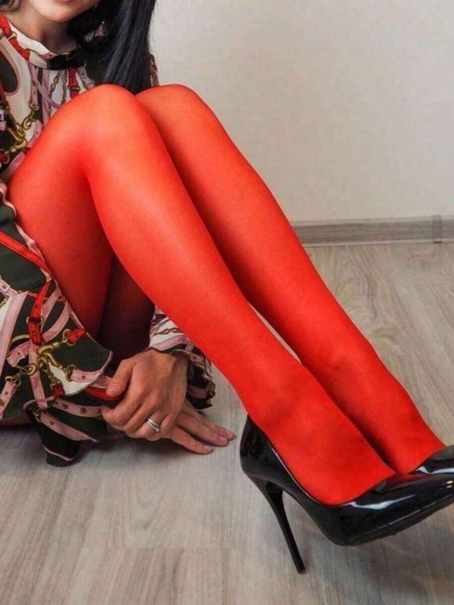 1 Pair Women's Soft Solid Color Semi-Opaque Stirrup Leggings, Black Minimalist Solid Color Opaque Tights, Suitable For Daily Wear - Đỏ - Xem 1