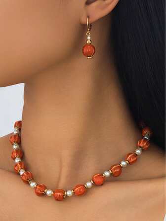 Vintage Minimalist Pumpkin Shaped Beaded Pearl Decor Necklace Pendant Earrings Jewelry Set For Women