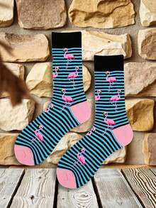 1 Pair Men's Mid-Calf Socks With Flamingo Pattern, Men's Striped Flamingo Casual Socks, Fall - Multicolor - View 5