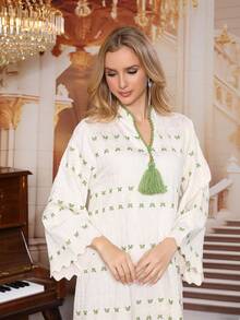 2026 New Style Ramadan Traditional Elegant Embroidered Butterfly Abaya Dress, Green Tassel V-Neck Eid - White - View 2