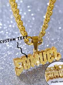 1pc Customized Name Double Layer Cuban Chain Necklace - Detachable 304 Stainless Steel Gold-Tone Hip Hop 3D Rhinestone Pendant, Personalized Gift (Father's Day, Graduation, Mother's Day), Couple Accessory, Party Essential, Exquisite Craftsmanship, Fashionable & Durable, Graduation Souvenir, Thanksgiving Gift, Christmas Gift - Multicolor - View 1