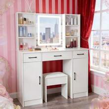 Makeup Desk Large Dressing Table LED Mirror 3 Drawers 2 Cabinets & Stool Vanity - White - View 3