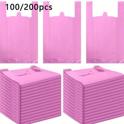 100个粉色塑料T恤袋，带提手，聚乙烯购物袋，加厚大号粉色垃圾袋，厨房垃圾袋，蔬菜袋，大号垃圾袋，适用于杂货、蔬菜、水果、零食等。