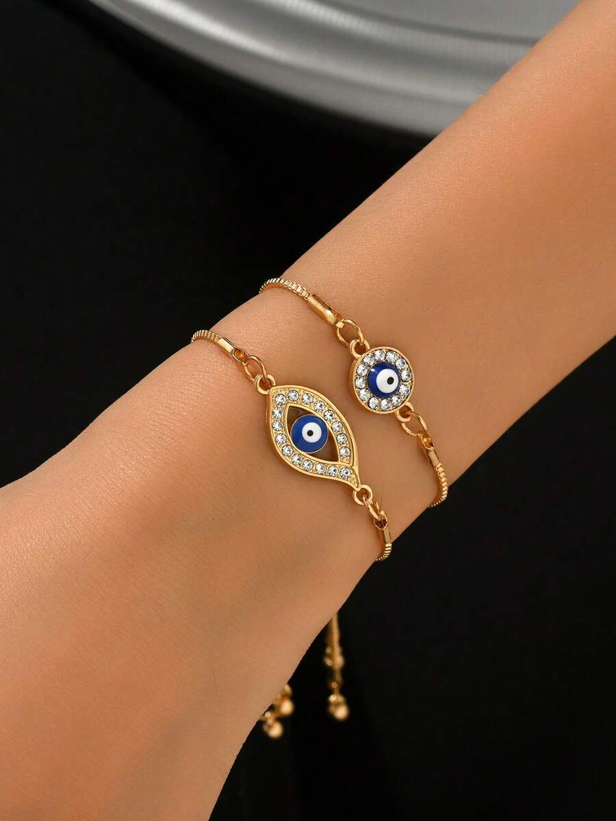 2 Peças Conjunto de Pulseiras Vintage Boêmias de Olho Grego com Contas de Cobre, Adequado para Uso Diário de Mulheres, Ótimo Presente para Amigos - Conjunto de 2 peças - Visão 1