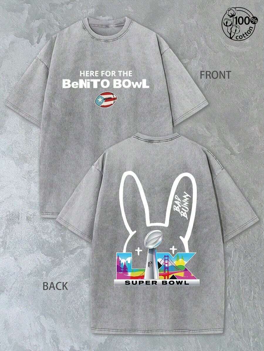 BadBunny Benito Bowl T Shirt,Retro Washed T-Shirt Double Sided Printed (230 Pure Cotton T-Shirt),Christian Gift, Men's T-Shirt, Men's Casual, Comfortable, Fashionable T-Shirt, Street Style Cottonwinter Clothes For Women ST Patrick' S Day - 灰色 - 查看 1