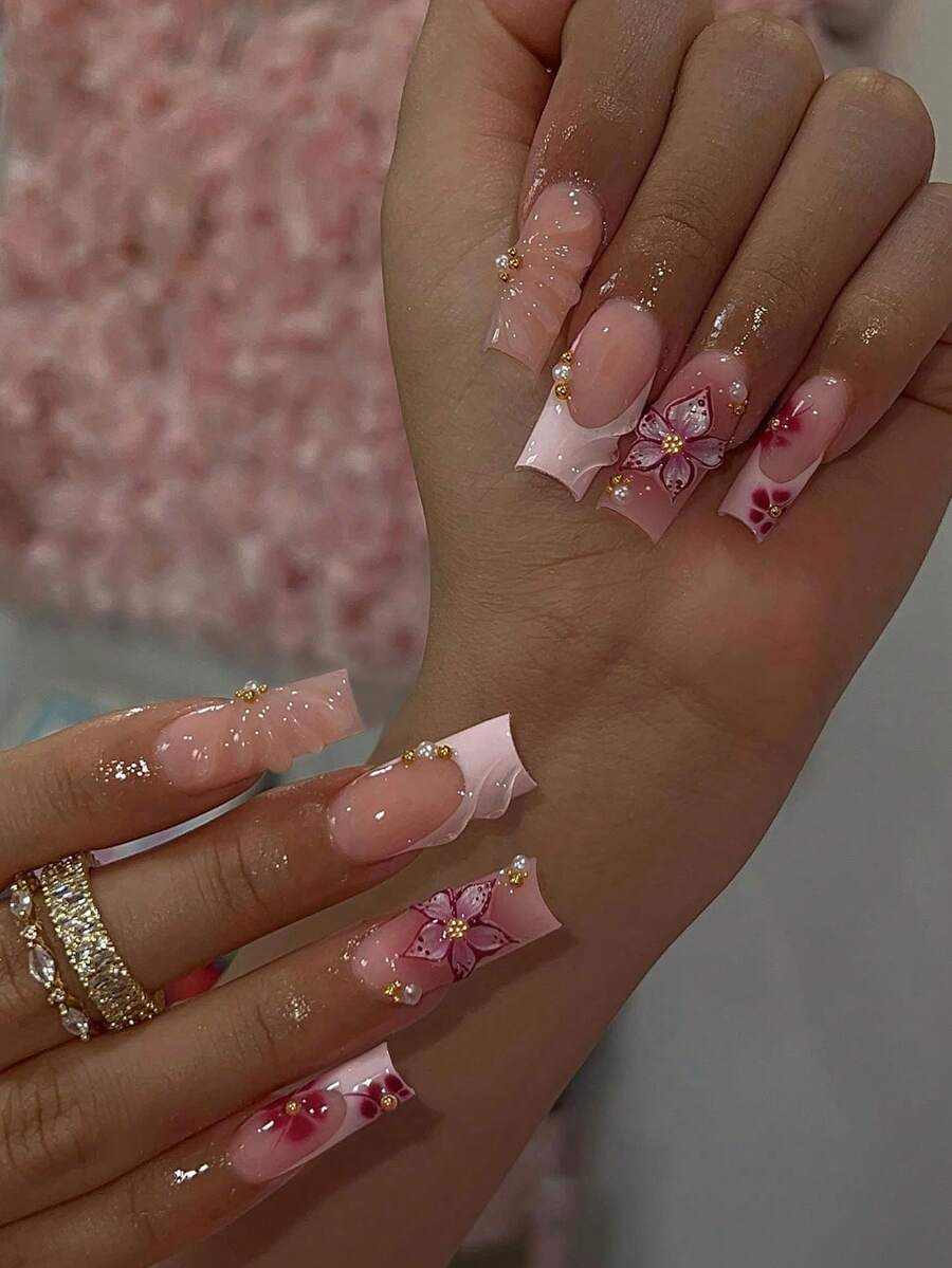 24片3D凝胶美甲贴纸，珍珠花朵装饰美甲设计，白色法式亚克力按压式美甲，持久贴合假指甲套装，易于佩戴，适合夏季美甲和法式美甲，适合女性日常工作、派对和其他场合的美甲用品 - 彩色 - 查看 1