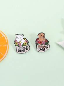 QIHOO 2pcs Animal Flowerpot Enamel Needle Cute Cat And Dog Brooch Lapel Badge Jewelry Gift For Friends