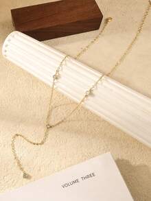 14k Gold Plated Multilayer Necklace, Delicate Beaded Cubic Zirconia Pendant Necklace, Minimalist Gold Y-Shaped Necklace, Women's Gold Jewelry Gift - Gold - View 4