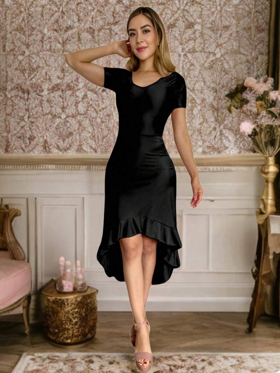 vestido de dama largo maxivestido asimétrico vestido de coctel elegante casual de cola de pato con olanes manga corta y cuello redondo