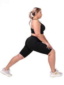 Plus Size Women High Waist Yoga Shorts With Pockets, Butt Lifting Sports Shorts For Gym Workout Running Black Summer - Black - View 5