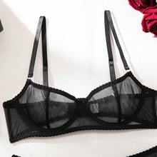 Black Sheer Lace Bra And Panty Lingerie Set, Includes Garter Belt And Stockings, Comfortable Stretch, Valentine's Day Gift, Romantic Night - Black - View 6