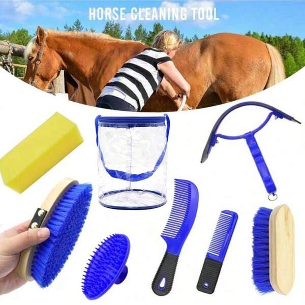 8pcs Horse Grooming Kit With Storage Bag, Includes Horse Brush, Comb, Sweat Scraper, Absorbent Sponge And Other Horse Washing And Grooming Accessories