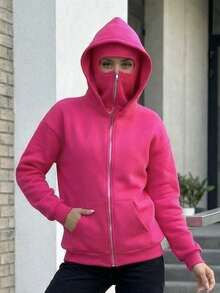 超长拉法帽,可遮盖脸部和头部;女士双拉链连帽卫衣,带口袋,保暖内衬;适合秋季、冬季、春季穿着,可用于度假/上学/居家/日常/街头/摄影等场合;风格:简约/Y2K/休闲/学院风/街头风/办公风/可爱/性感;女士秋冬/圣诞/新年外套;时尚百搭 - 玫瑰紅 - 查看 4