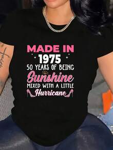 1975 Women's 50th Birthday T-Shirt - Casual Style With A Fun Sunshine And Little Hurricane Mix Print, Black Graphic T Shirt - Đen 1 - Xem 1