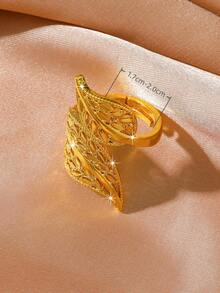 1 pieza Anillo ajustable con diseño de hoja hueca chapado en oro de 24K, elegante y versátil, adecuado para uso diario de mujeres - Amarillo Oro - Ver 3