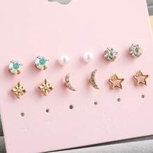 9对合金水晶珍珠月亮星星U形耳环套装，优雅独特设计，女士耳环 - 彩色 - 查看 4