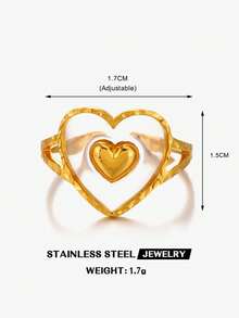1 pièce Bague minimaliste en acier inoxydable plaqué or 18 carats à double couche en forme de cœur, convient pour le port quotidien des femmes, les rendez-vous, cadeau de la Saint-Valentin - Multicolore - Voir 7