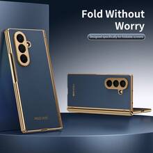 VIETAO Electroplated Material Faux Leather Full-Coverage Protective Phone Case Compatible With Samsung Galaxy Z Fold 7 6 5 4 Fold7 Fold6 Fold5 Fold4 With Tempered Glass Screen Protector Mobile Cover - Royal Blue - View 7