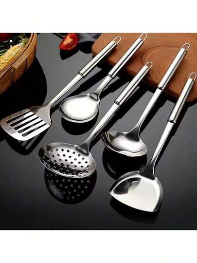 Conjunto de 5 utensílios de cozinha em aço inoxidável: espátula, concha, colher de sopa, colher de arroz e espátula para fritar.