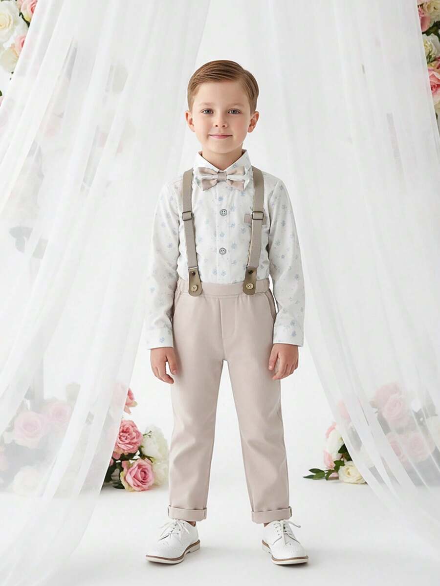 BOARNSEORL 2pcs Young Boys Gentleman Outfit - Long Sleeve Shirt With Bow Tie And Khaki Suspender Pants, Fashionable, Elegant, Suitable For Birthday Party, Wedding, Holiday Occasions - Khaki - View 1