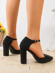 Black High Heel Shoes Bow Tie High Heel Shoes Solid Color Pointed Toe Chunky Heel Hollow Toe High Heel Shoes Fashionable Women's High Heel Shoes, Suitable For Parties And Banquets - Black - View 5