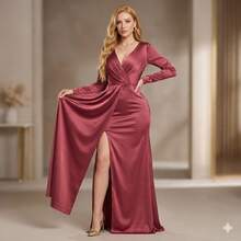 Vestido de Gala en Power Satín con Manga Larga y Abertura Later - Rosa Roja - Ver 1