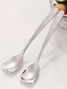 1pc Stainless Steel Flat Head Spoon, Hammered Texture Dessert Spoon, Western Dining Spoon, Meal Spoon, Ice Cream Spoon - Silver - View 10