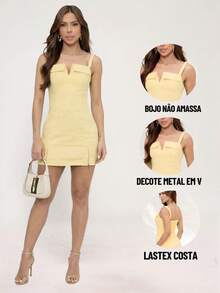 Divina Gata Women's Short Tailored Jumpsuit With V-Neck 9781 - Light Yellow - View 4