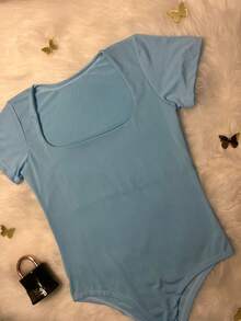 Body Feminino Suplex com Decote Quadrado  Casual  elegante - Azul bebê - Visão 3