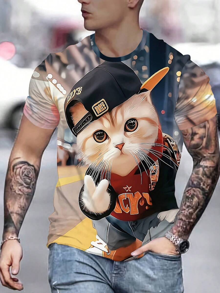 Men'S Casual 3D Print T-Shirt With Cute Cat Design - "LUCKY" Graphic, Short Sleeve, Round Neck, Lightweight & Stretchy, Everyday Tshirt |   Playful Cat Design |   Comfortable Fit, Cat Lover Gifts - 混合色 - 查看 1