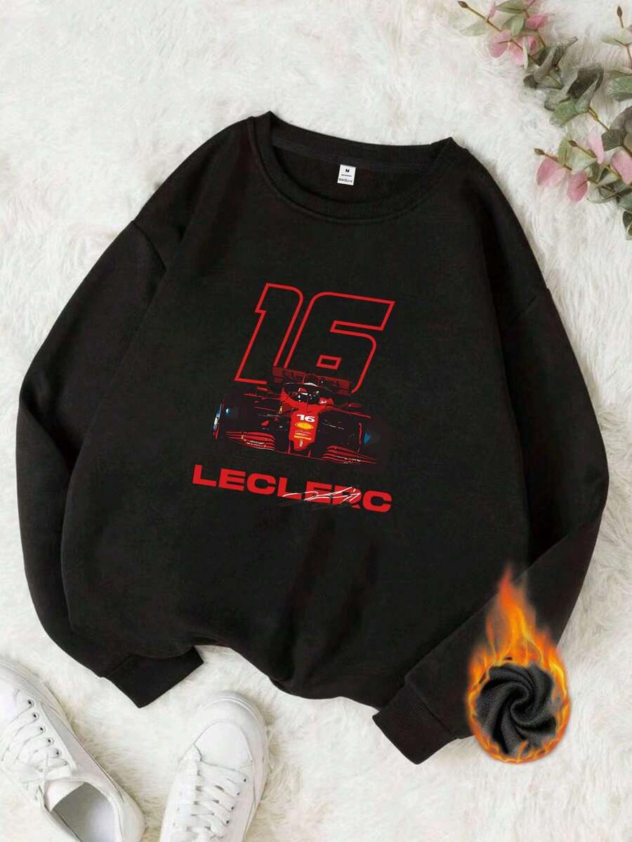 Christmas Sweatshirt Women's F1 Racing Sweatshirt - Charles Leclerc#16 F1 Driver Logo And Signature Print, Inspired Gray Winter Warm Pullover, Loose Casual Sweater, Suitable For F1 Fans And Leclerc Supporters (Machine Washable) Loose And Comfortable Sweatshirts Winter Clothes - 黑色 - 查看 1