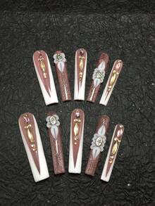 10 Piece 5.5cm Handmade Coffin Shaped Armor, Decorated With Rhinestones And Petals, Designed As A Nail Sticker Set, Suitable For Women And Girls, Gatherings, Festivals, And Daily Wear. Nail Accessories, Acrylic Nail Kit, Including Kit, Hand Pressed Nail Art, Fake Nail Stickers, And Nail Supplies. Nails - Multicolor - View 1