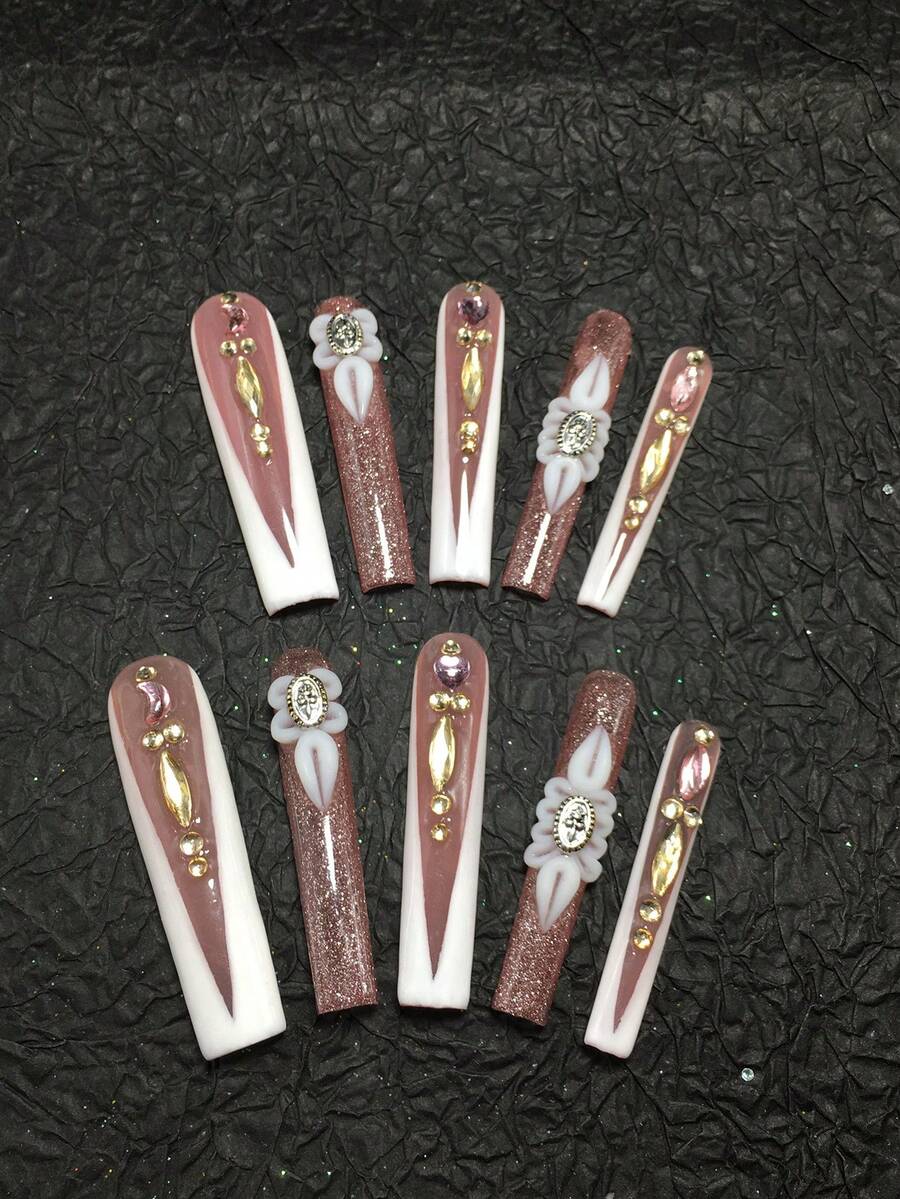 10 Piece 5.5cm Handmade Coffin Shaped Armor, Decorated With Rhinestones And Petals, Designed As A Nail Sticker Set, Suitable For Women And Girls, Gatherings, Festivals, And Daily Wear. Nail Accessories, Acrylic Nail Kit, Including Kit, Hand Pressed Nail Art, Fake Nail Stickers, And Nail Supplies. Nails - Multicolor - View 1