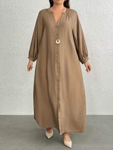 Plus Size Women V-Neck Button Front Belted Woven Midi Dress, Long Sleeve - Camel - View 4
