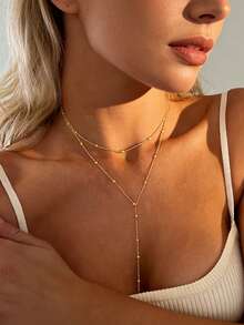 1pc Fashionable Minimalist Geometric Tassel Gold-Tone Multi-Layer Long Y-Necklace With Round Beads, Suitable For Party, Gathering, Daily Wear, Gift (Handmade Chain Cut To Appropriate Length, Bead Quantity May Vary)