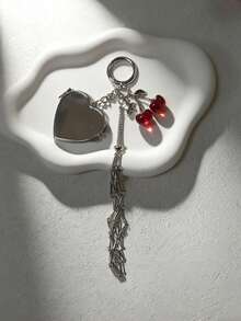 1pc Elegant Valentine's Day/Birthday Gift Silver Lipstick Net Keychain, Y2K Bag Charm Fashion Lipstick Hand Cream Chain Pendant, Heart Mirror Bow Cherry Keychain Car Key Chain - Silver - View 9