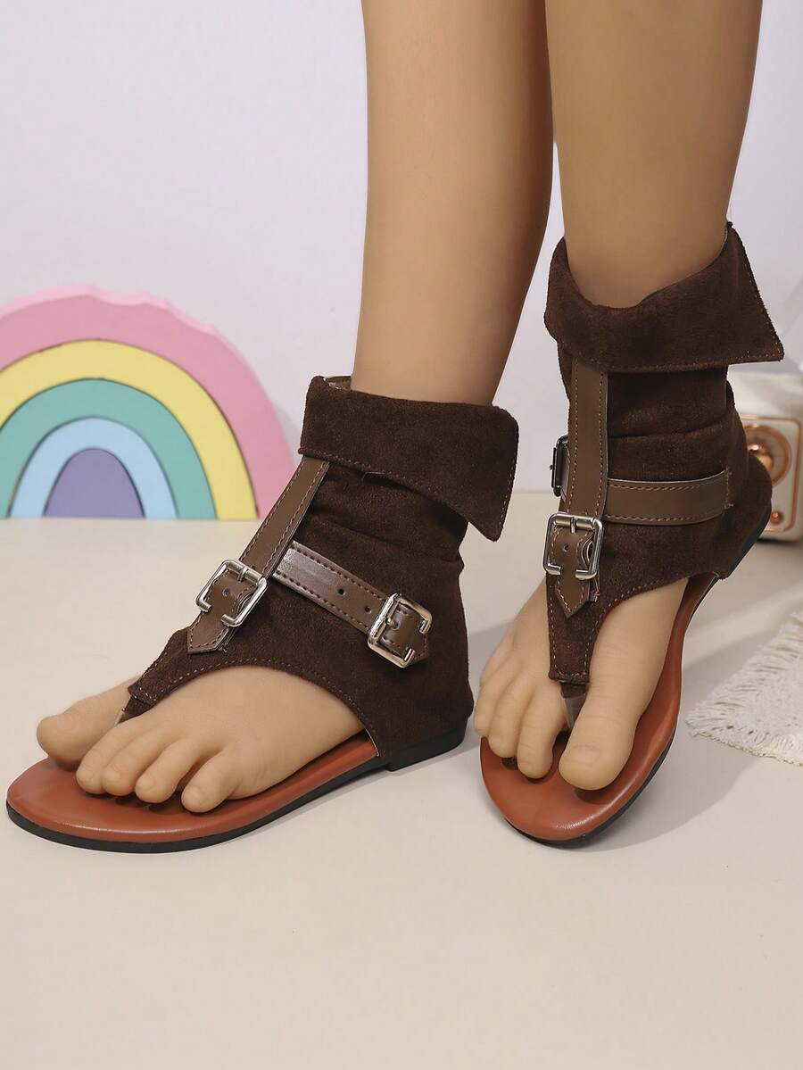1双女童时尚高帮凉鞋，夏季新款人字拖设计，带搭扣和拉链后跟，时尚优雅的派对鞋款 - 棕色 - 查看 1