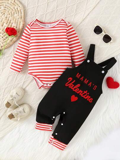 2pcs Infant Valentine's Day Theme Outfit: Red & White Striped Long Sleeve Romper + Black Suspender Pants, "Mama's Valentine" Heart Embroidery, Soft & Comfortable, Baby Holiday Outfit, European & American Style Infant Clothing Set
