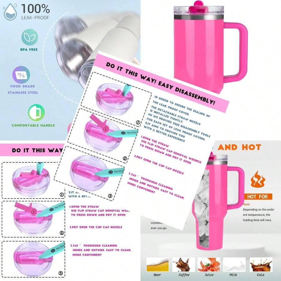 40 Oz Tumbler With Handle Quenchers ProTour Detachable Flip Straw Lid TumblerVacuum Insulated Tumblers With Top Leak Proof Lids And Flip Straw Reusable Insulated Cup Rose Red 40 Oz - Màu be - Xem 1