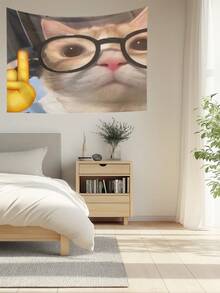 1 件趣味可爱猫咪设计壁挂挂毯，树剪影与星星印花矩形涤纶挂毯，适用于客厅、卧室、办公室墙壁装饰、派对装饰，附带 3 个墙钉和 2 个夹子 - 彩色 - 查看 5